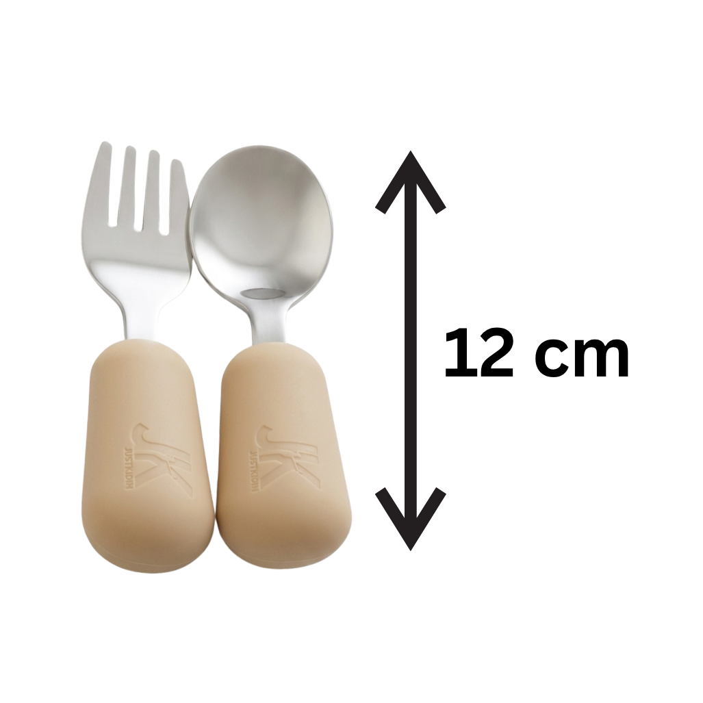 JKjustkidin Stainless Steel & Silicone 12cm Toddler Fork and Spoon Set