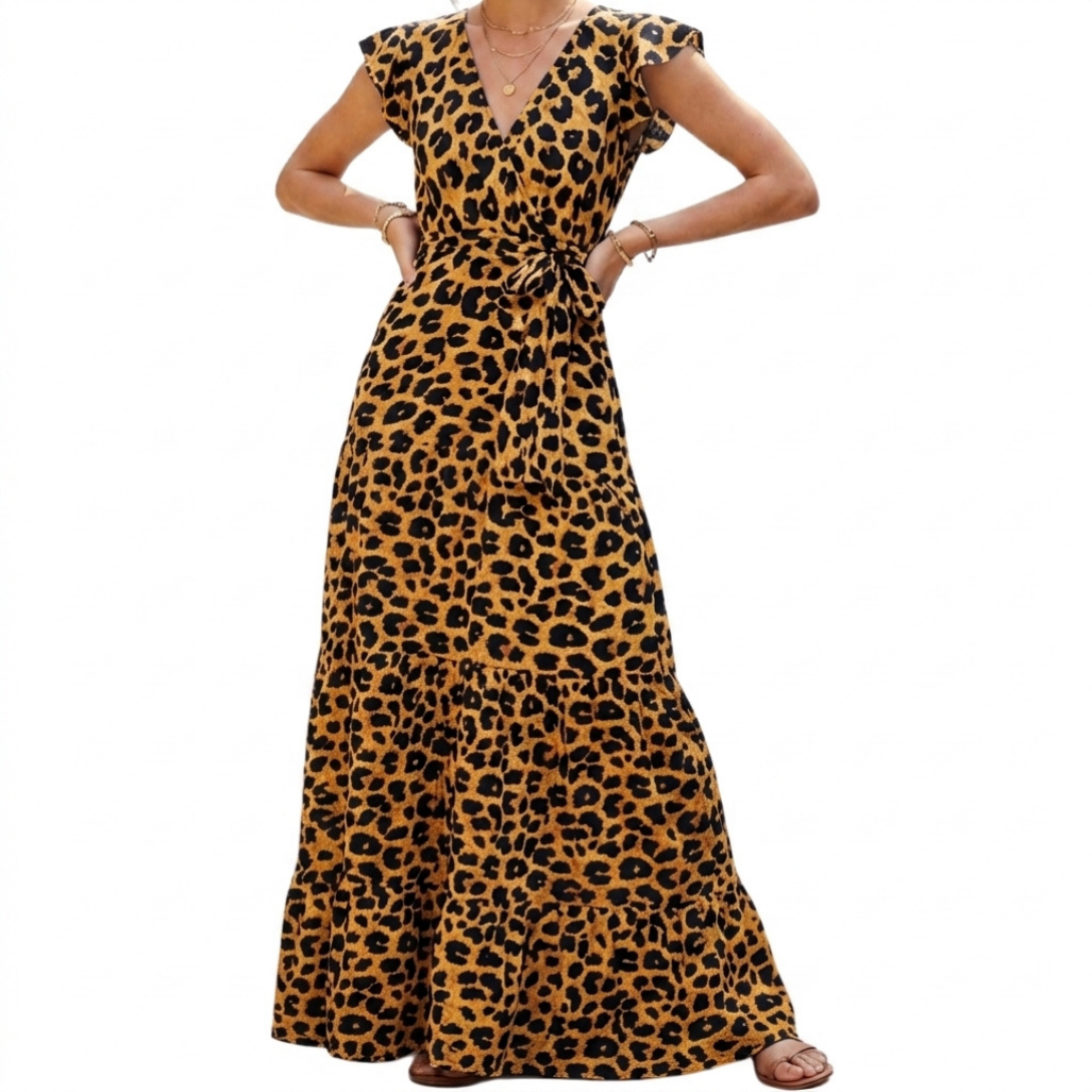 Woman's Viscose Leopard Print Summer Maxi Dress - Empire Waist with Belt