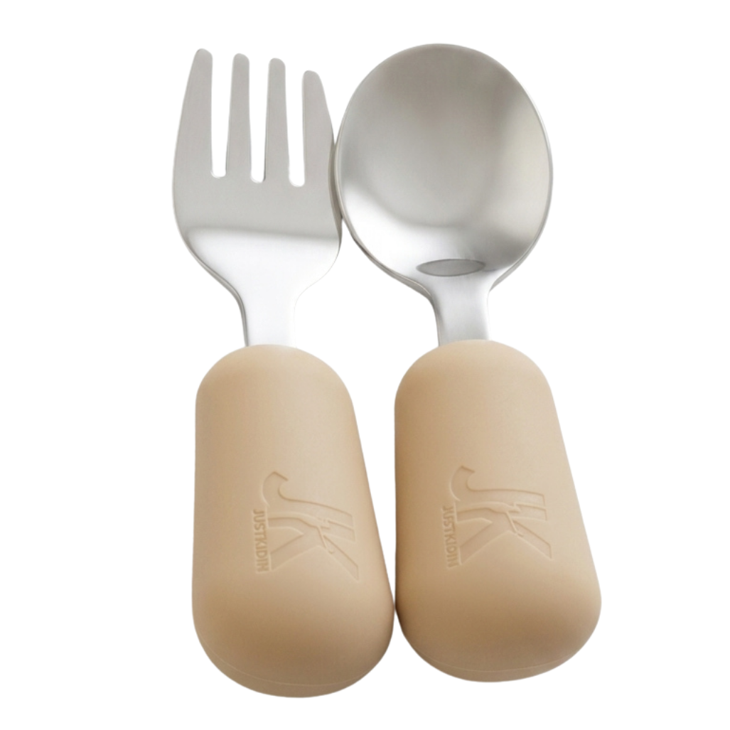 JKjustkidin Stainless Steel & Silicone 12cm Toddler Fork and Spoon Set