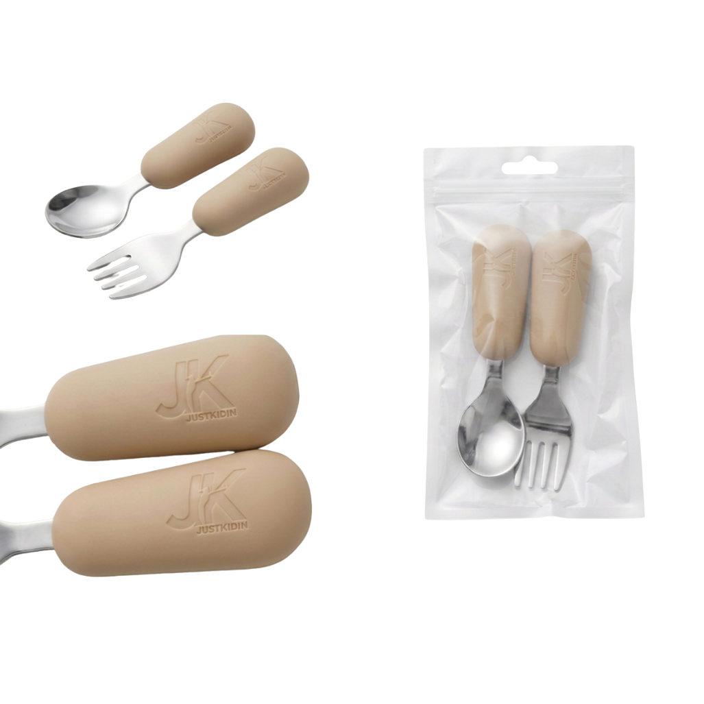 JKjustkidin Stainless Steel & Silicone 12cm Toddler Fork and Spoon Set
