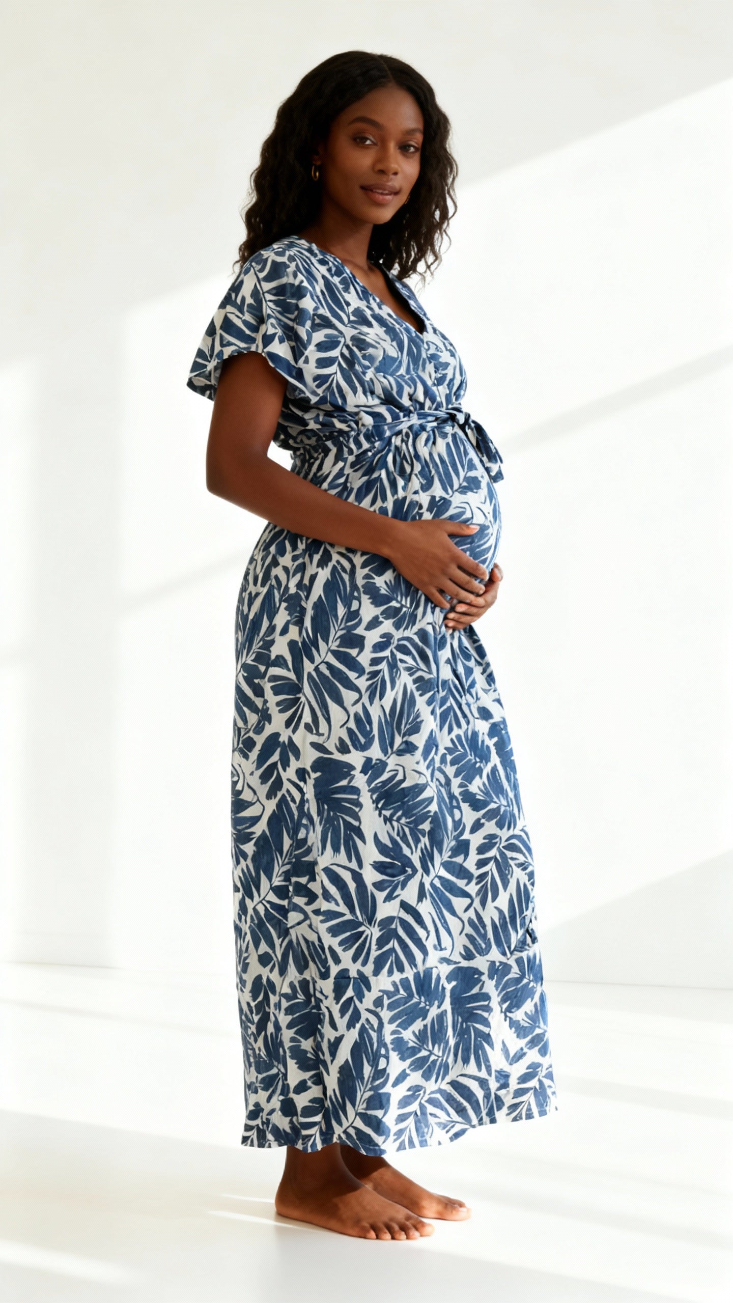 Maternity Dress – Viscose Leaf Print Blue
