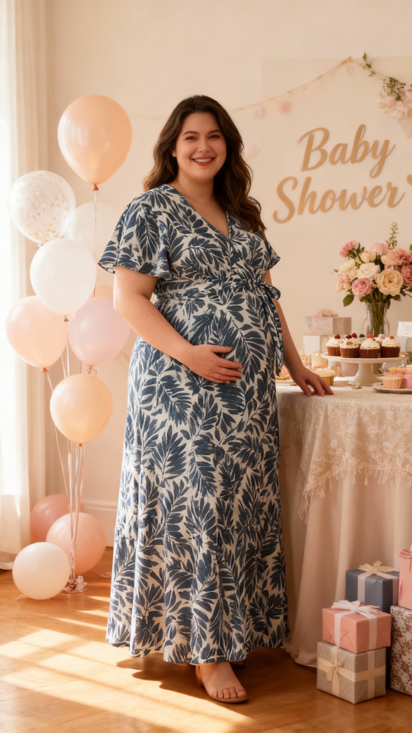 Maternity Dress – Viscose Leaf Print Blue