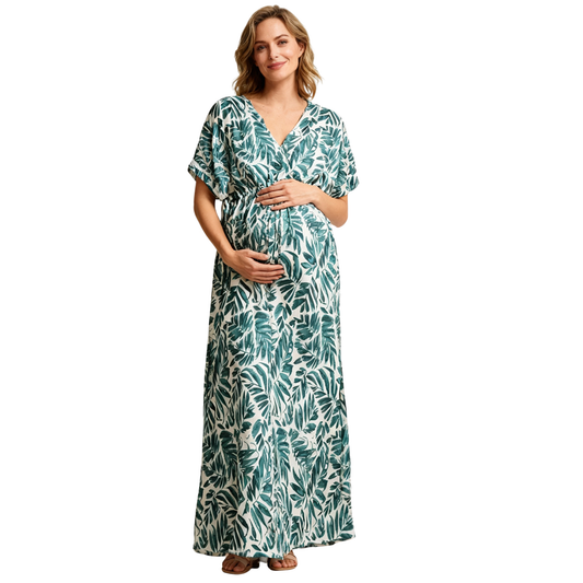 Maternity Dress – Viscose Leaf Print Green