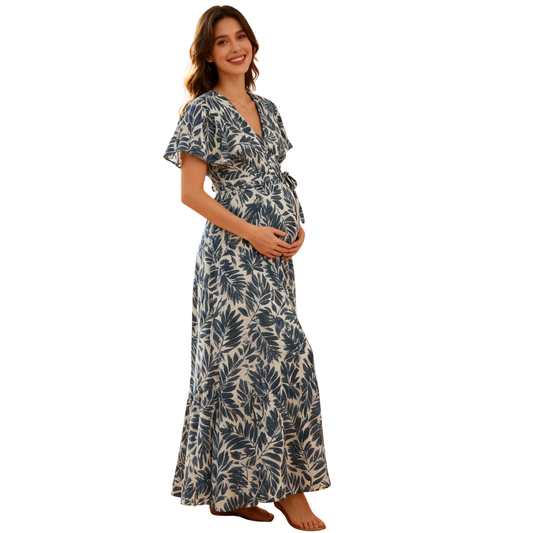 Maternity Dress – Viscose Leaf Print Blue