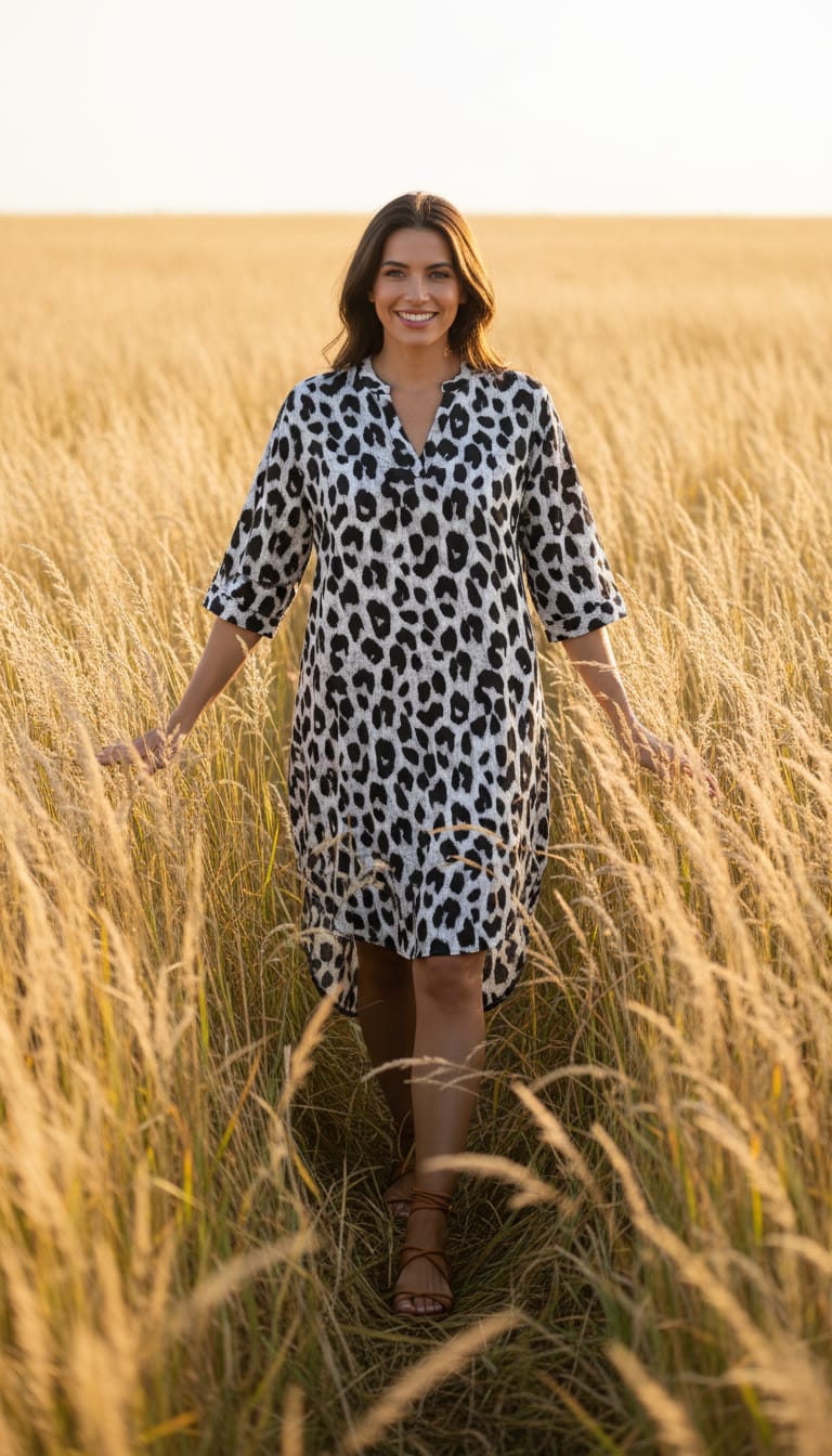 Flirty Fabrics Women's Leopard Print Viscose Tunic Shirt Dress