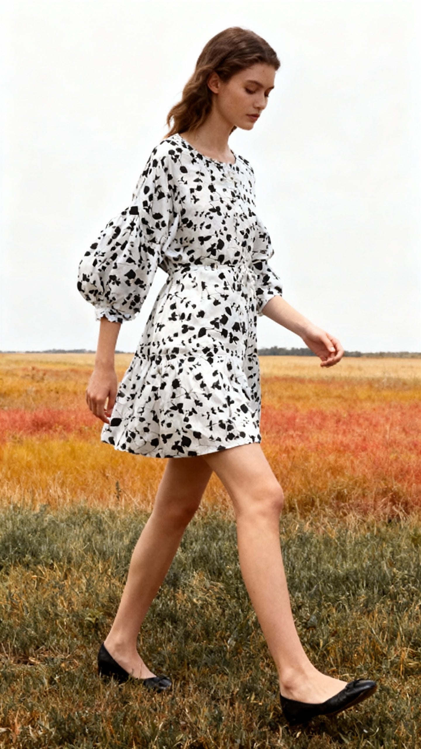 Women’s Black & White Leaf Print Viscose Mini Dress with Balloon Sleeves and Tie Waist