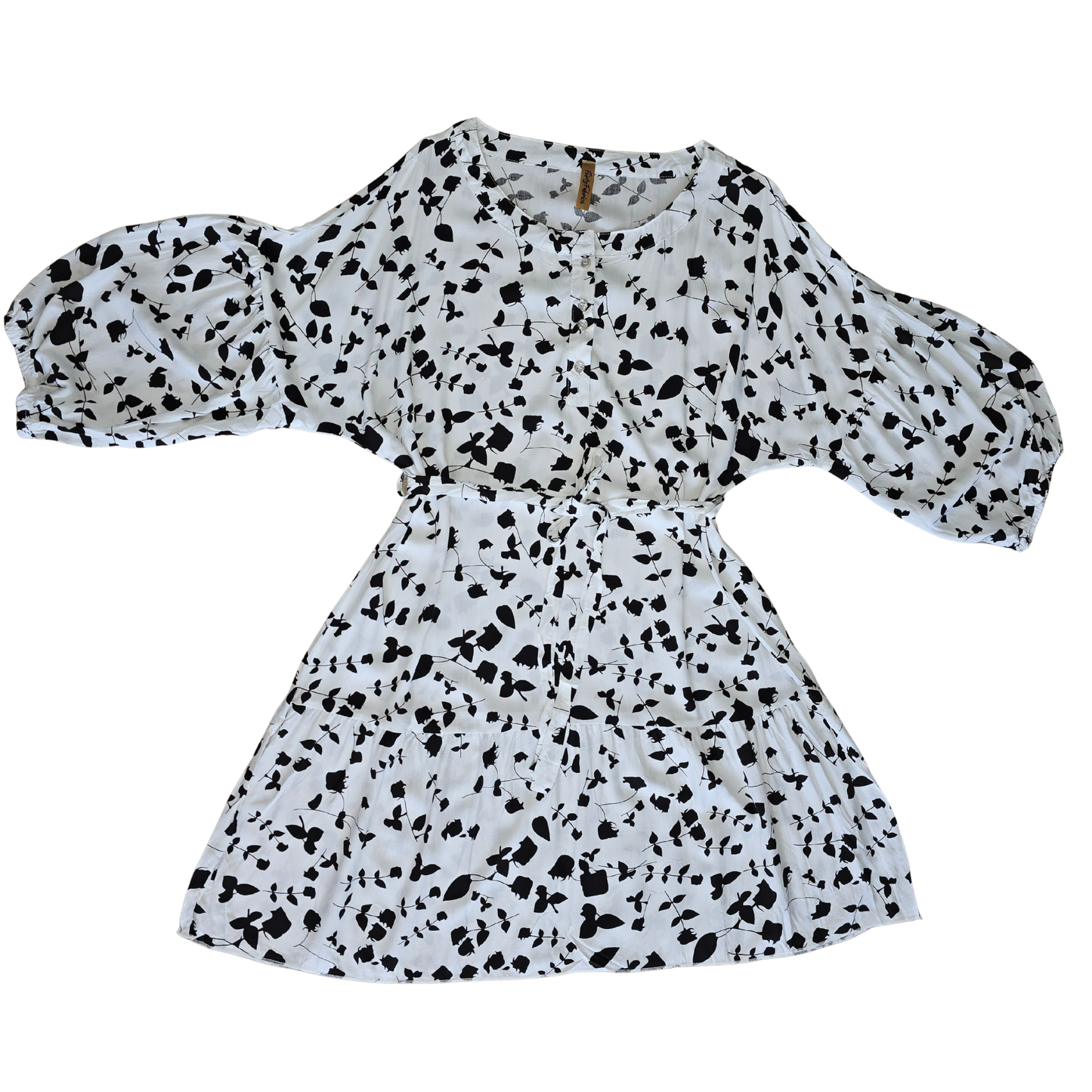 Women’s Black & White Leaf Print Viscose Mini Dress with Balloon Sleeves and Tie Waist