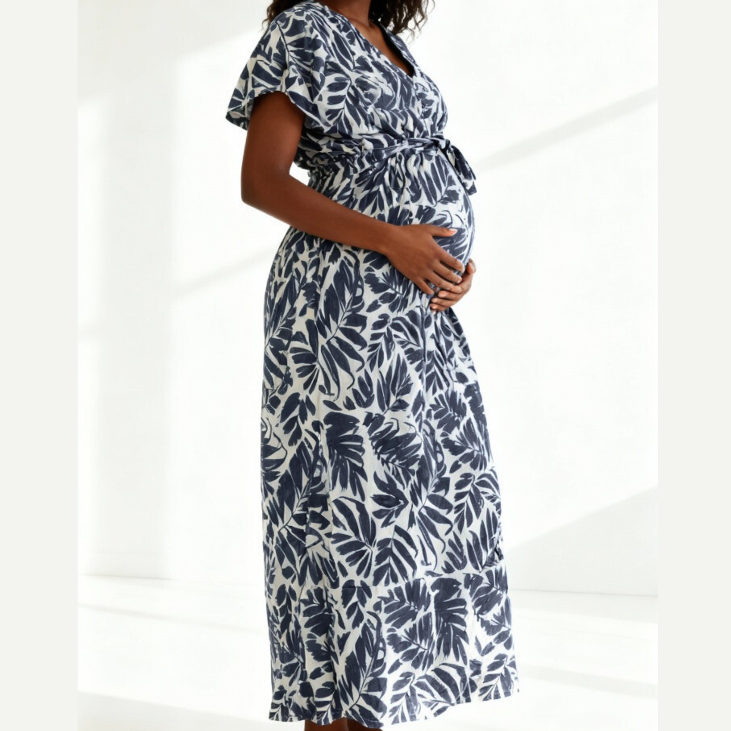 Maternity Dress – Viscose Leaf Print Blue