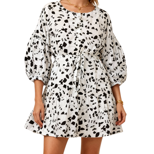 Women’s Black & White Leaf Print Viscose Mini Dress with Balloon Sleeves and Tie Waist