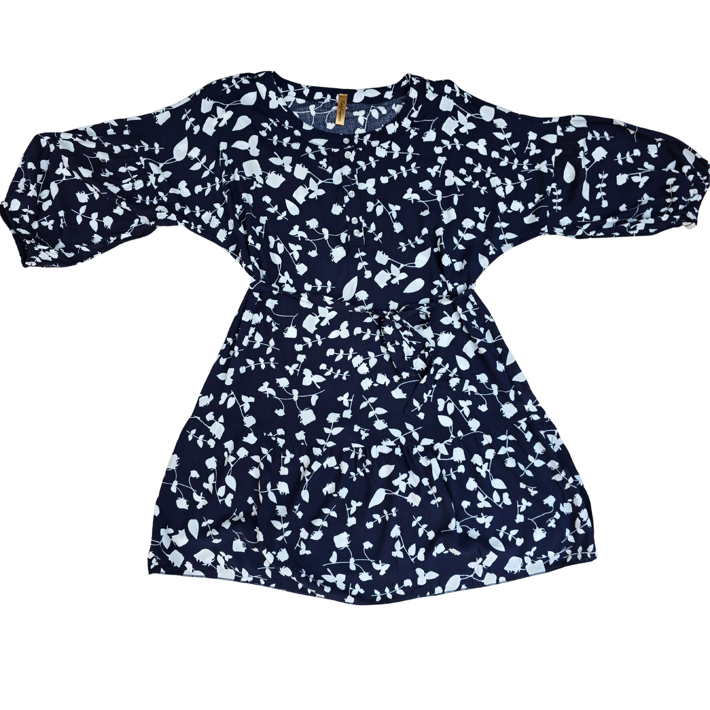 Women’s Navy & White Leaf Print Viscose Midi Dress