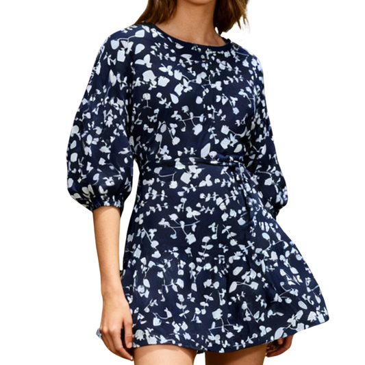 Women’s Navy & White Leaf Print Viscose Midi Dress