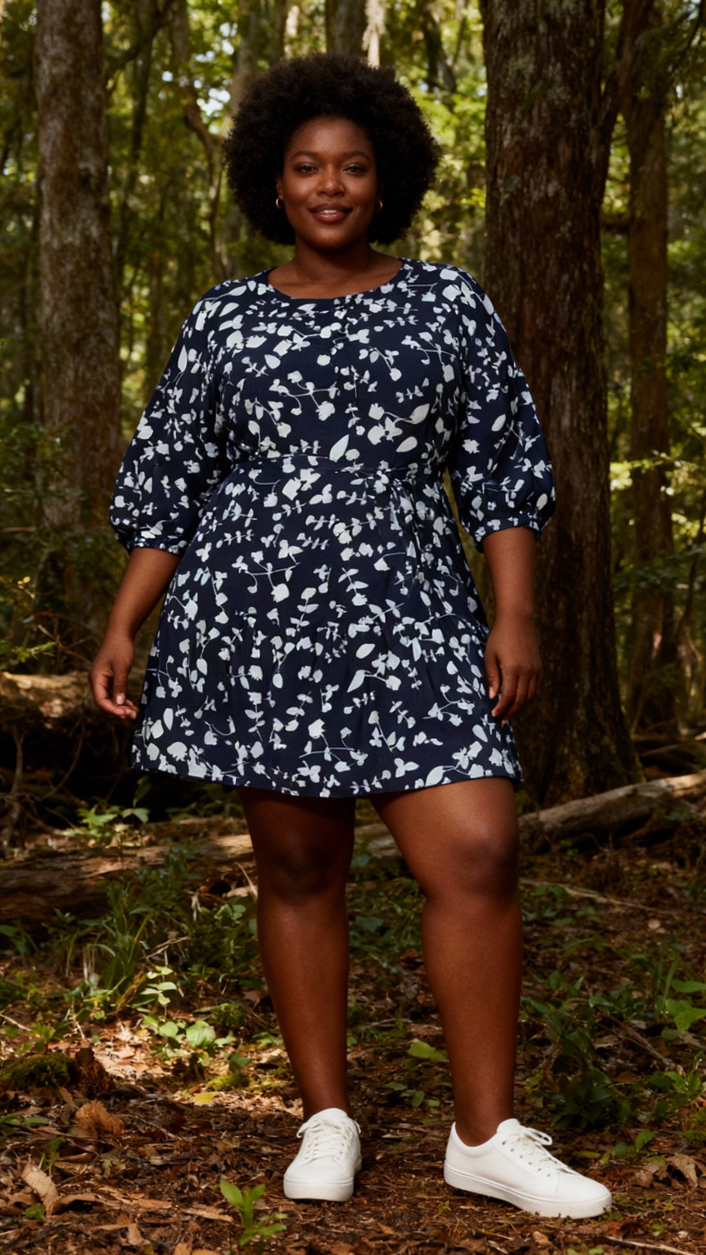 Women’s Navy & White Leaf Print Viscose Midi Dress